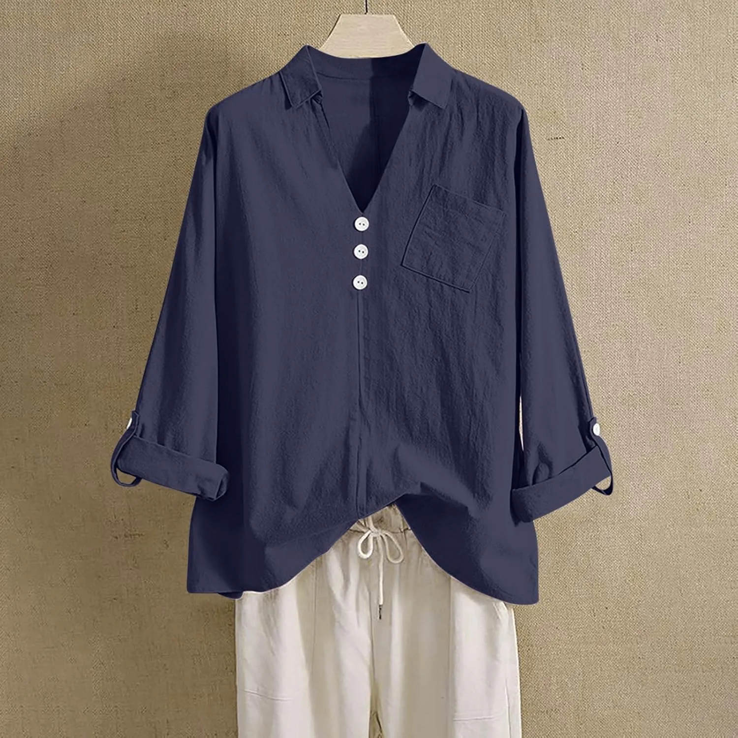 Long Sleeve Workout Tops for Women Cotton Linen V-Neck Button Baggy Blouse Solid Color Loose Fit Clothes Trendy 2024