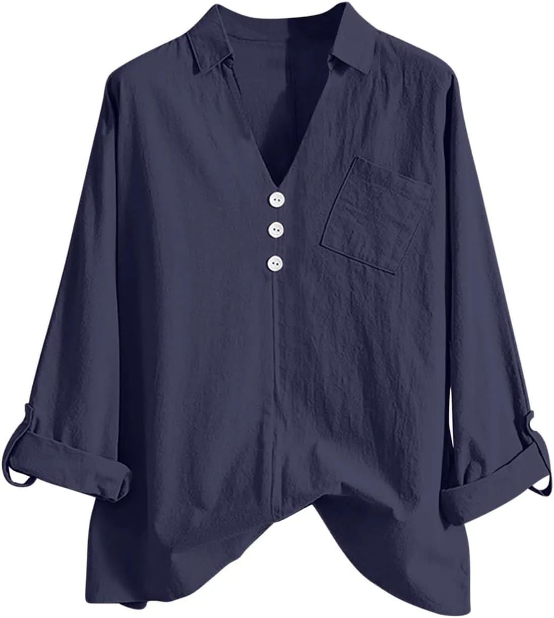 Long Sleeve Workout Tops for Women Cotton Linen V-Neck Button Baggy Blouse Solid Color Loose Fit Clothes Trendy 2024