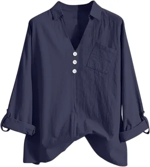 Long Sleeve Workout Tops for Women Cotton Linen V-Neck Button Baggy Blouse Solid Color Loose Fit Clothes Trendy 2024