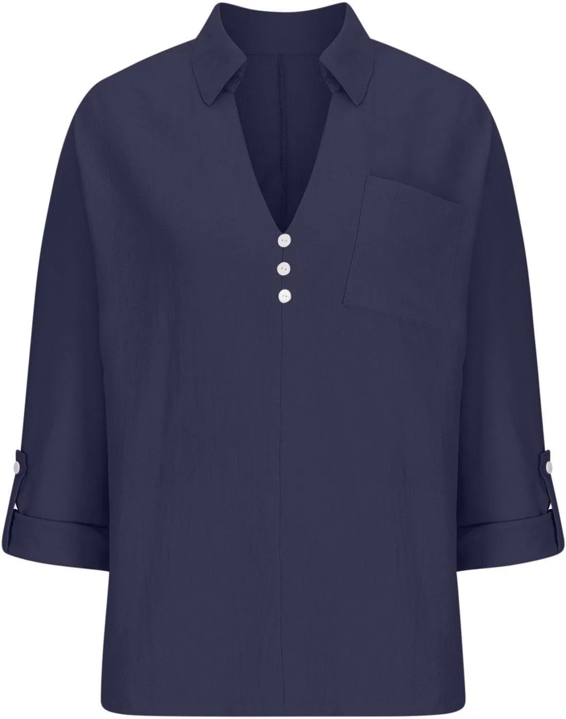 Long Sleeve Workout Tops for Women Cotton Linen V-Neck Button Baggy Blouse Solid Color Loose Fit Clothes Trendy 2024