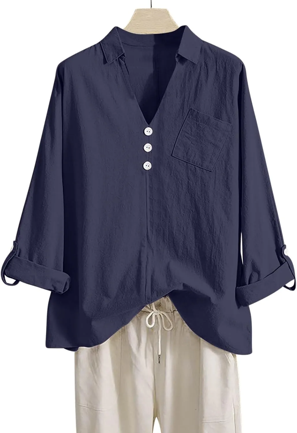 Long Sleeve Workout Tops for Women Cotton Linen V-Neck Button Baggy Blouse Solid Color Loose Fit Clothes Trendy 2024