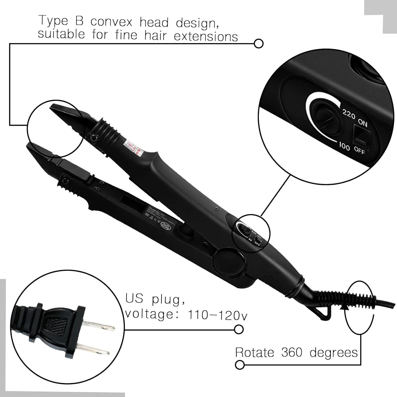 Lothee Hair Extension Tool with Keratin Glue Granule Beads, US Plug, Professional Hair Extensions Tools Heat Iron Connector Wand for U Tip Hair Extensions, B Head (Black)