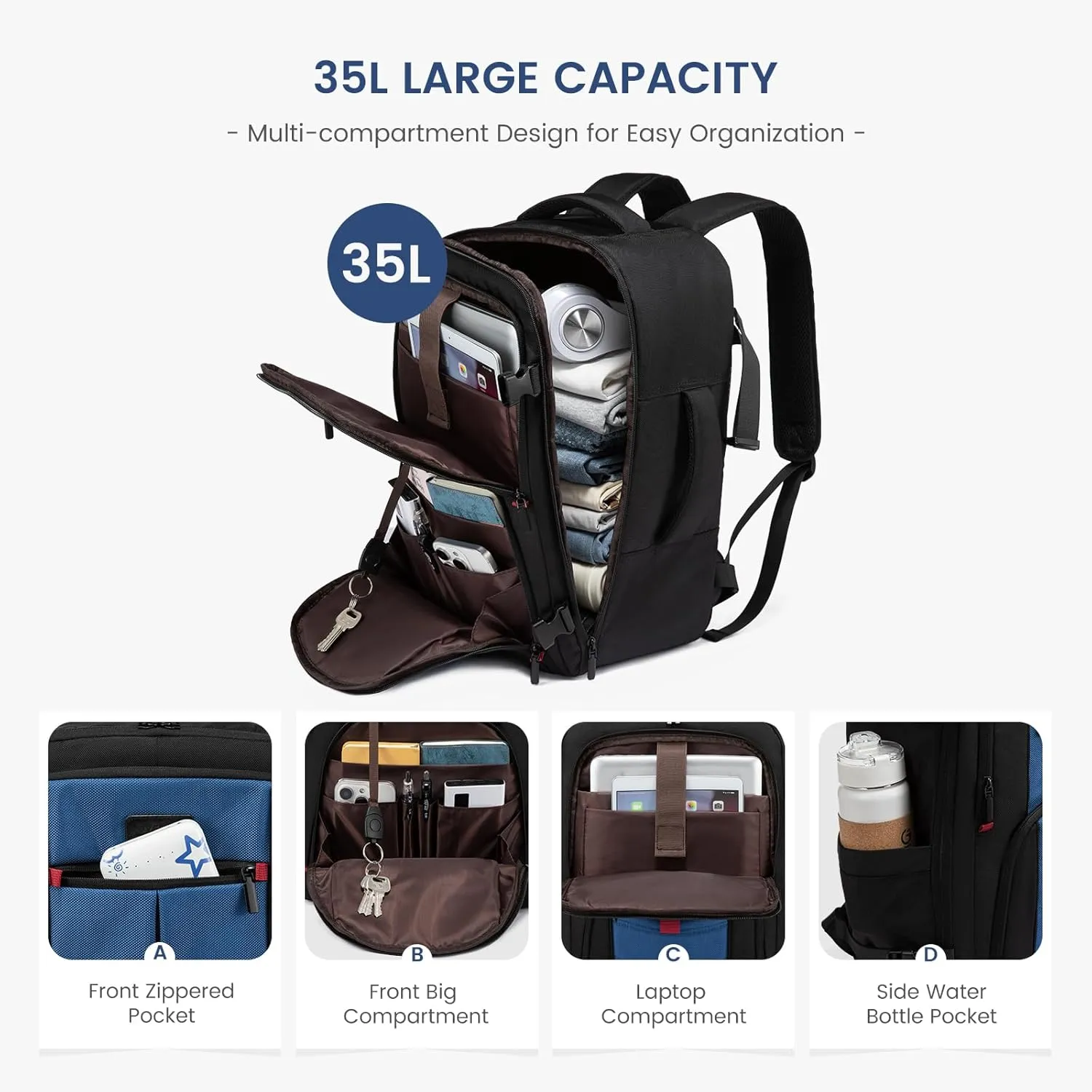 LOVEVOOK Travel Laptop Backpack for Men, 35L Large Carry On Backpack Personal Item Size, Airline Approved Waterproof Bookbag with 2 Packing Cubes Fits 15.6" Laptop, Black&Blue