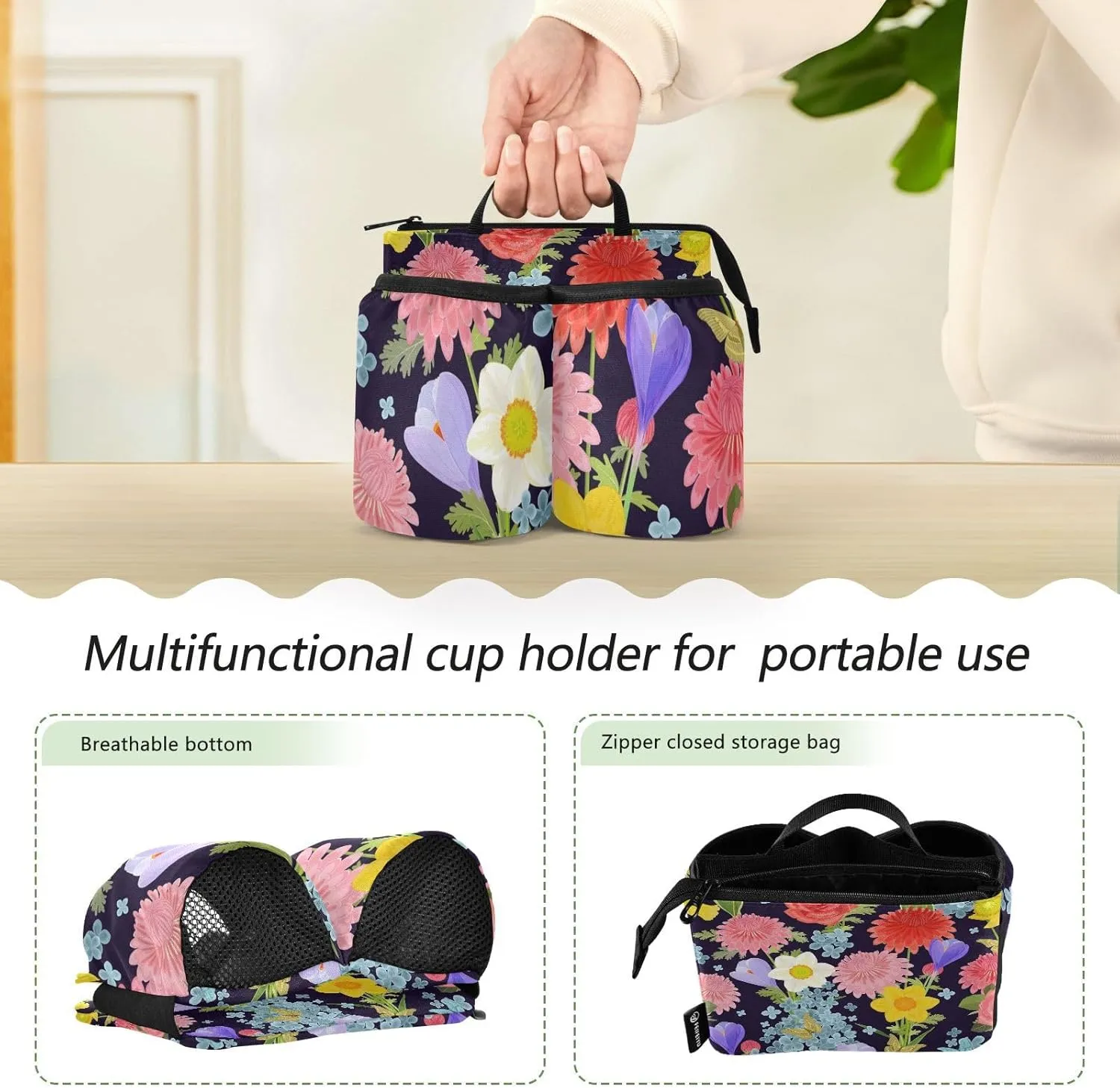 Luggage Cup Holder for Suitcase Free Hands Dual Cup Holders Portable Drink Holder Travel Cup Holder with Elastic Strap Luggage Cup Caddy Bag Prosperous Flowers Colorful