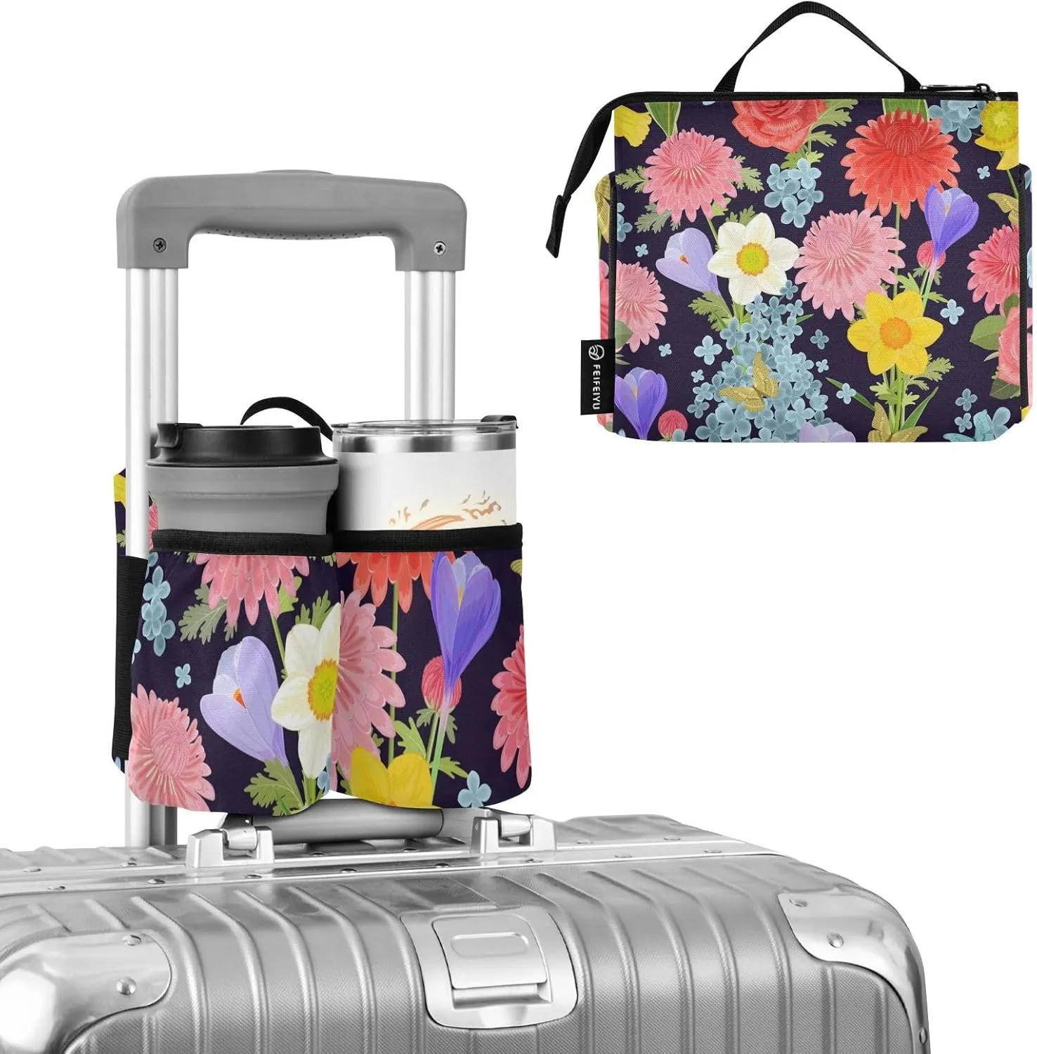 Luggage Cup Holder for Suitcase Free Hands Dual Cup Holders Portable Drink Holder Travel Cup Holder with Elastic Strap Luggage Cup Caddy Bag Prosperous Flowers Colorful