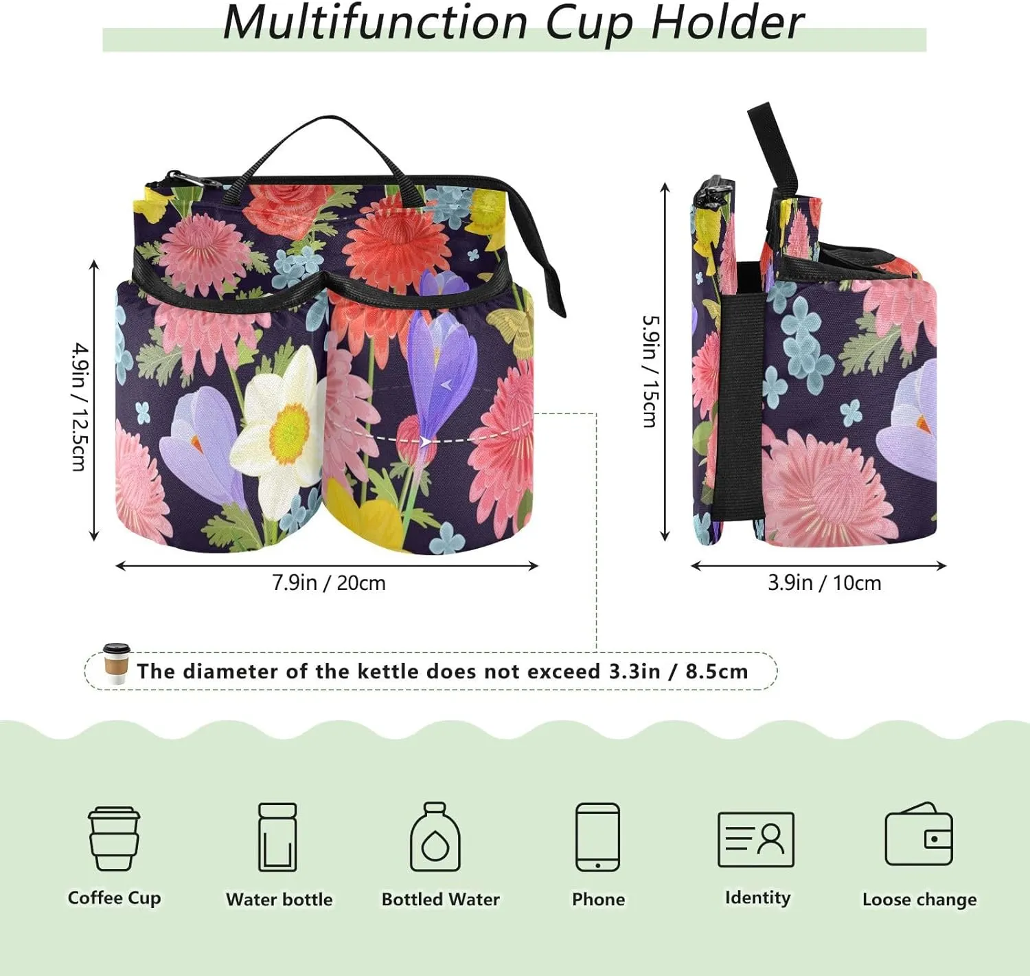 Luggage Cup Holder for Suitcase Free Hands Dual Cup Holders Portable Drink Holder Travel Cup Holder with Elastic Strap Luggage Cup Caddy Bag Prosperous Flowers Colorful