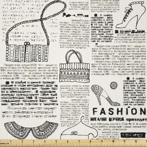 Lunarable Old Newspaper Fabric by The Yard, Vintage Fashion Themed Shoes Handbag Purses with Ornate Details Retro, Stretch Knit Fabric for Clothing Sewing and Arts Crafts, 3 Yards, Cream Black