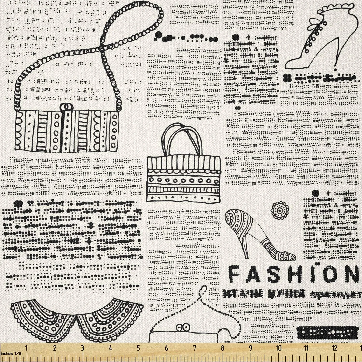 Lunarable Old Newspaper Fabric by The Yard, Vintage Fashion Themed Shoes Handbag Purses with Ornate Details Retro, Stretch Knit Fabric for Clothing Sewing and Arts Crafts, 3 Yards, Cream Black