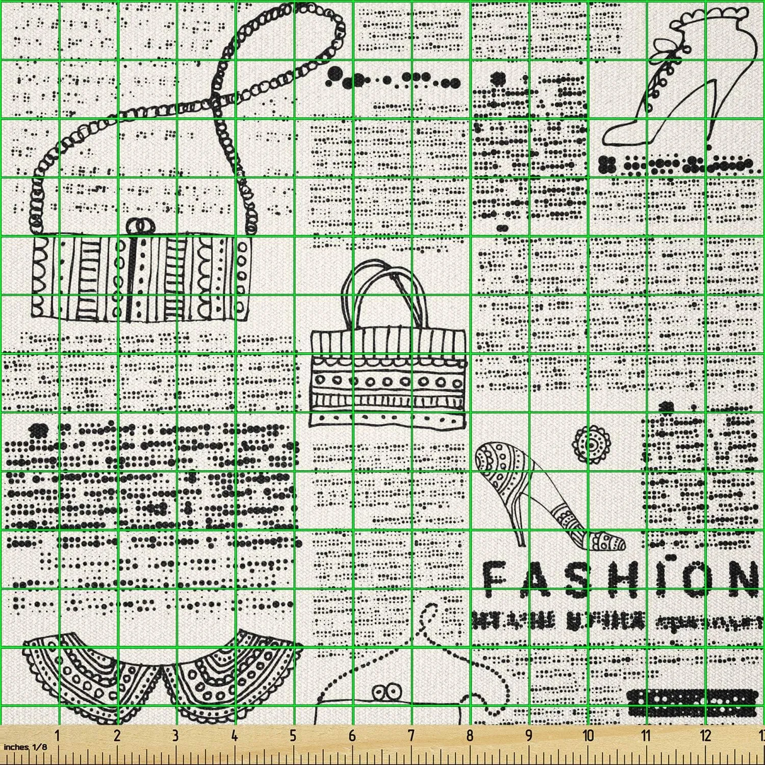 Lunarable Old Newspaper Fabric by The Yard, Vintage Fashion Themed Shoes Handbag Purses with Ornate Details Retro, Stretch Knit Fabric for Clothing Sewing and Arts Crafts, 3 Yards, Cream Black