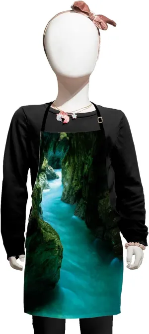Lunarable Waterfall Apron, Tolminka Alpine River Water and Caves Exotic Nature Travel Picture, Small Apron Bib with Adjustable Ties for Baking Painting, Small Size, Turquoise Dark Green