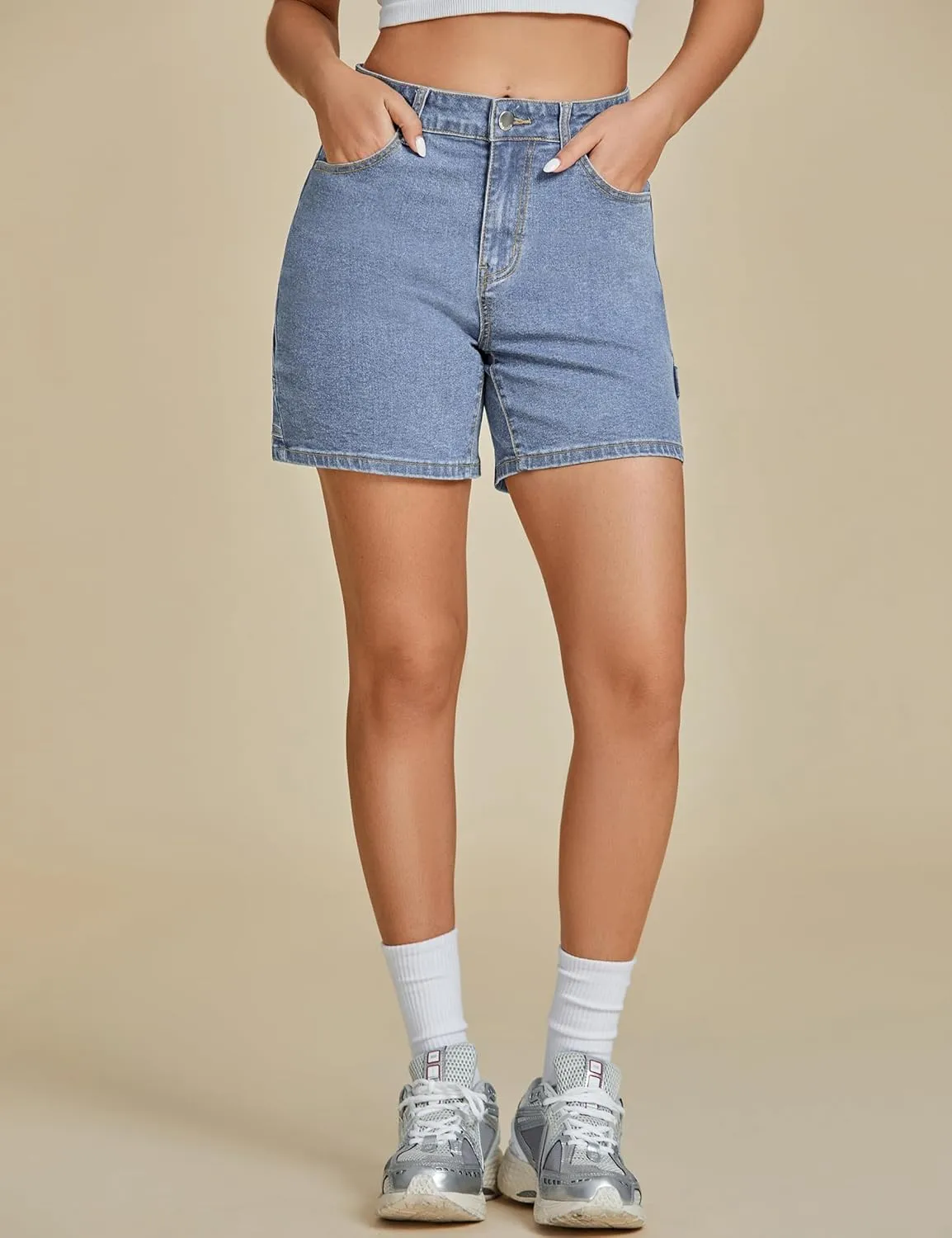 luvamia Jean Shorts for Women High Waisted Trendy Casual Utility Stretchy Denim Jorts Cutoff Long Shorts with Pockets