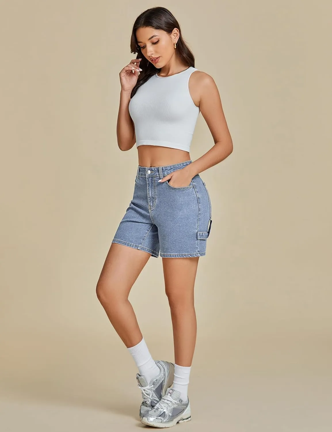 luvamia Jean Shorts for Women High Waisted Trendy Casual Utility Stretchy Denim Jorts Cutoff Long Shorts with Pockets