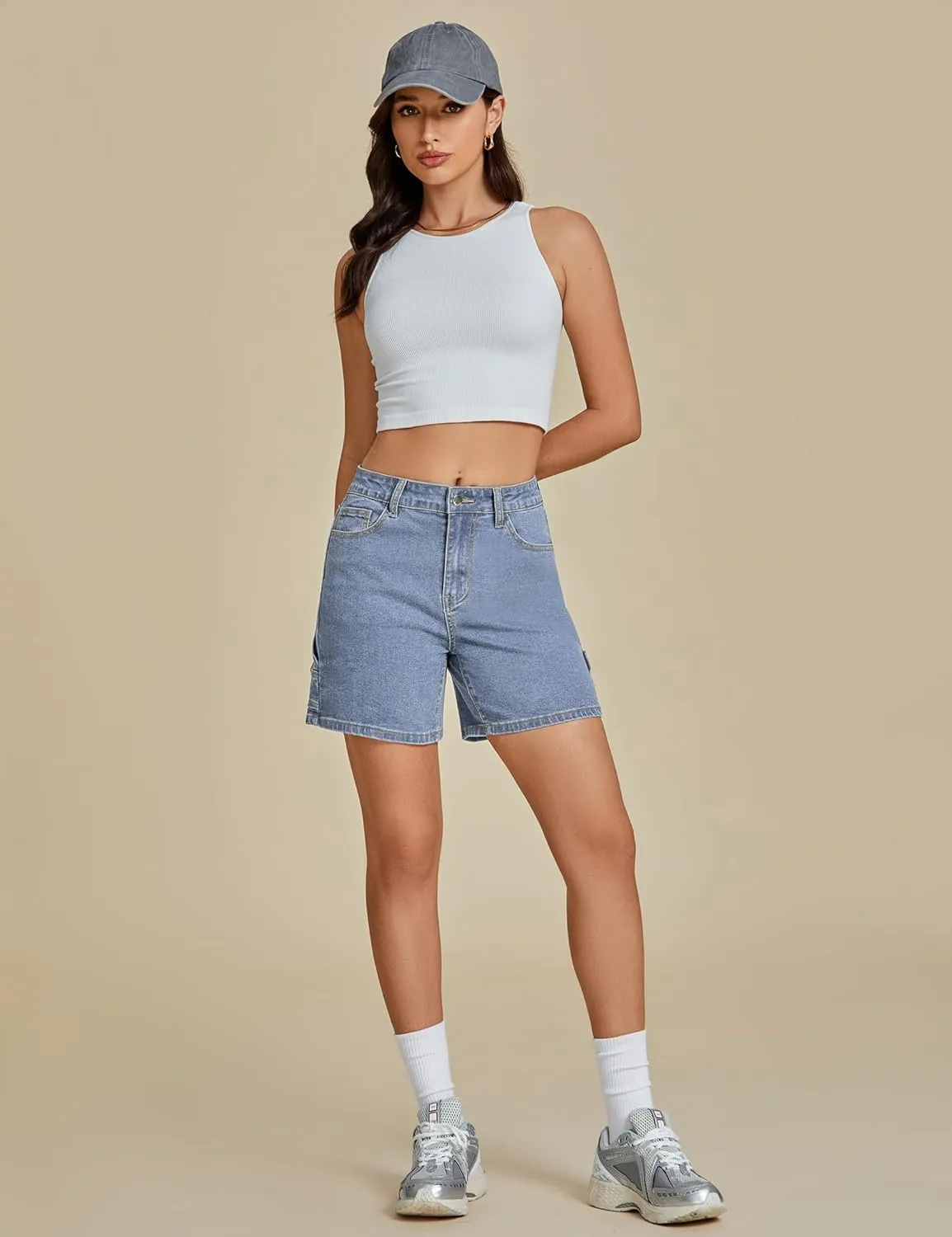 luvamia Jean Shorts for Women High Waisted Trendy Casual Utility Stretchy Denim Jorts Cutoff Long Shorts with Pockets