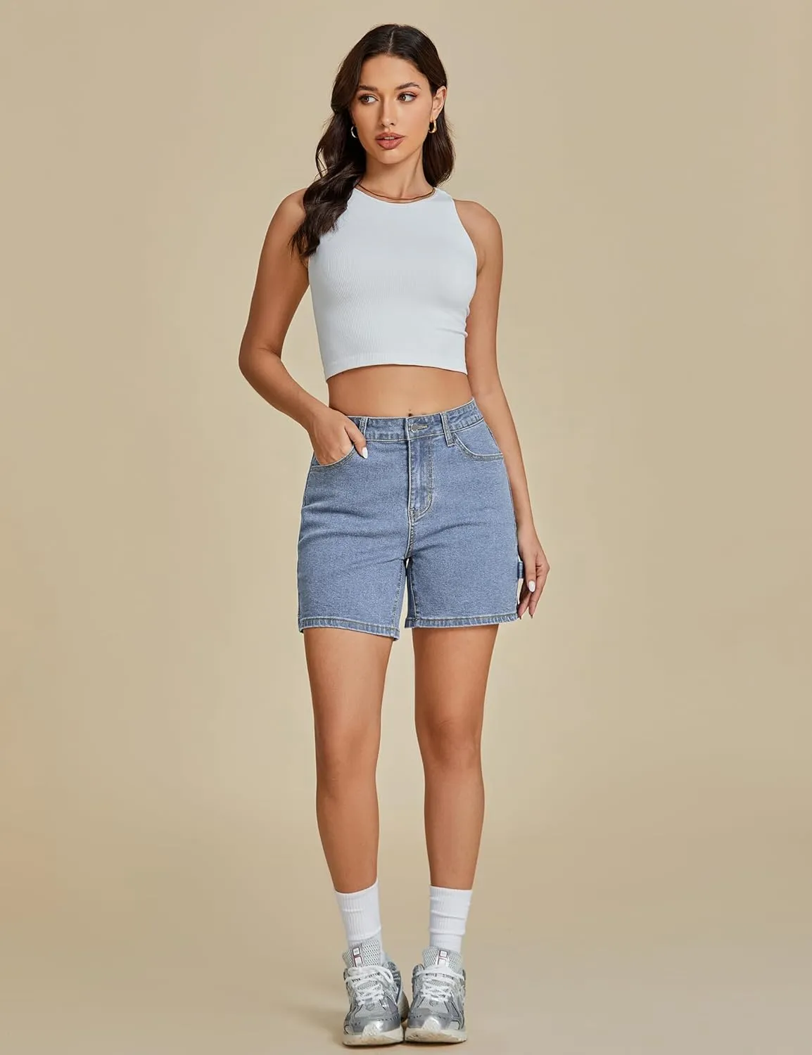luvamia Jean Shorts for Women High Waisted Trendy Casual Utility Stretchy Denim Jorts Cutoff Long Shorts with Pockets