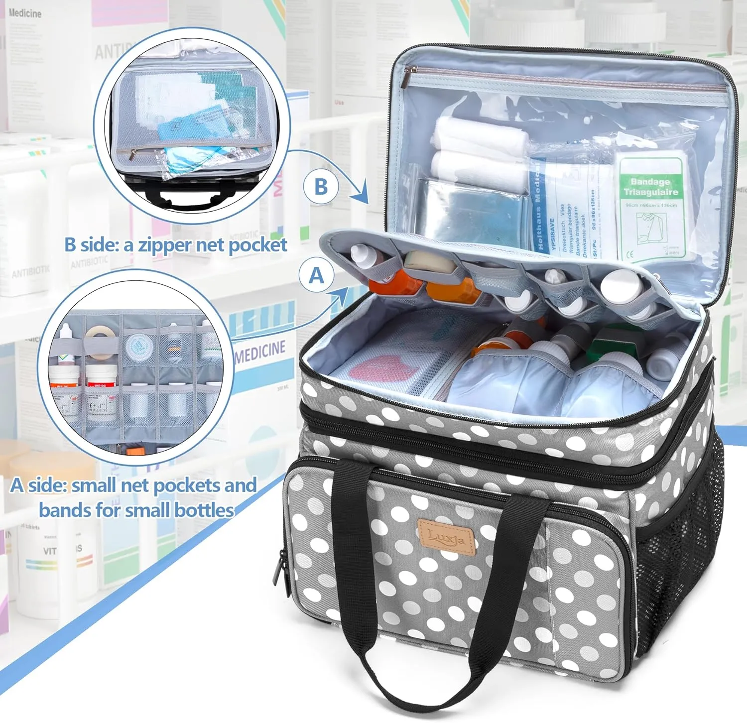 LUXJA 2 Layers Medicine Bag with Detachable Divider, Pill Bottle Organizer Suitable for Home or Travel Use, Gray Dots