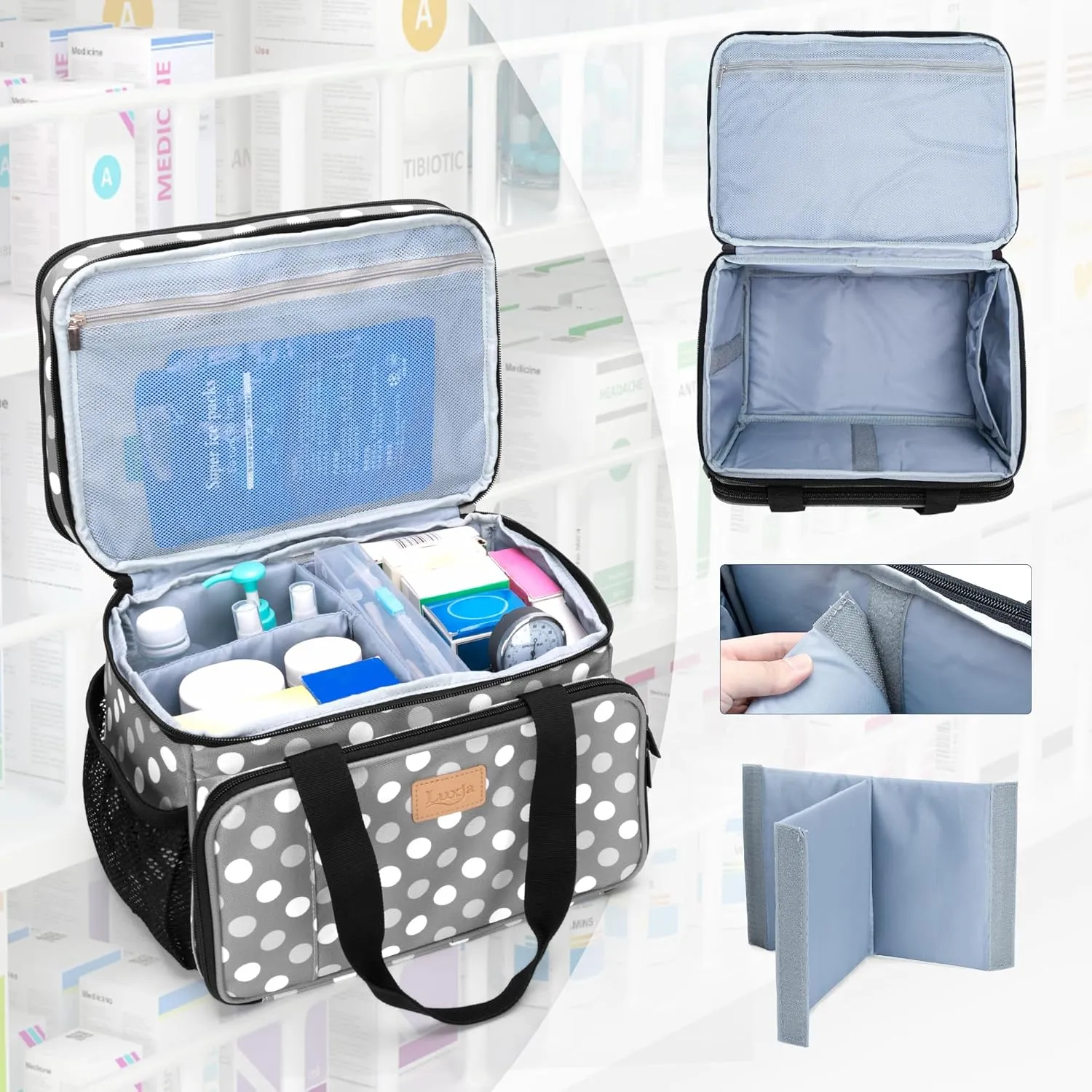 LUXJA 2 Layers Medicine Bag with Detachable Divider, Pill Bottle Organizer Suitable for Home or Travel Use, Gray Dots