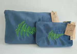 Luxurious Velvet Pouch with Fern Embroidery – Sustainable Gift or Travel Accessory in Petrol Blue (Two Sizes)