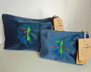 Luxurious Velvet Pouch with Monstera Leaf Embroidery – Sustainable Gift or Travel Accessory in Petrol Blue (Two Sizes)