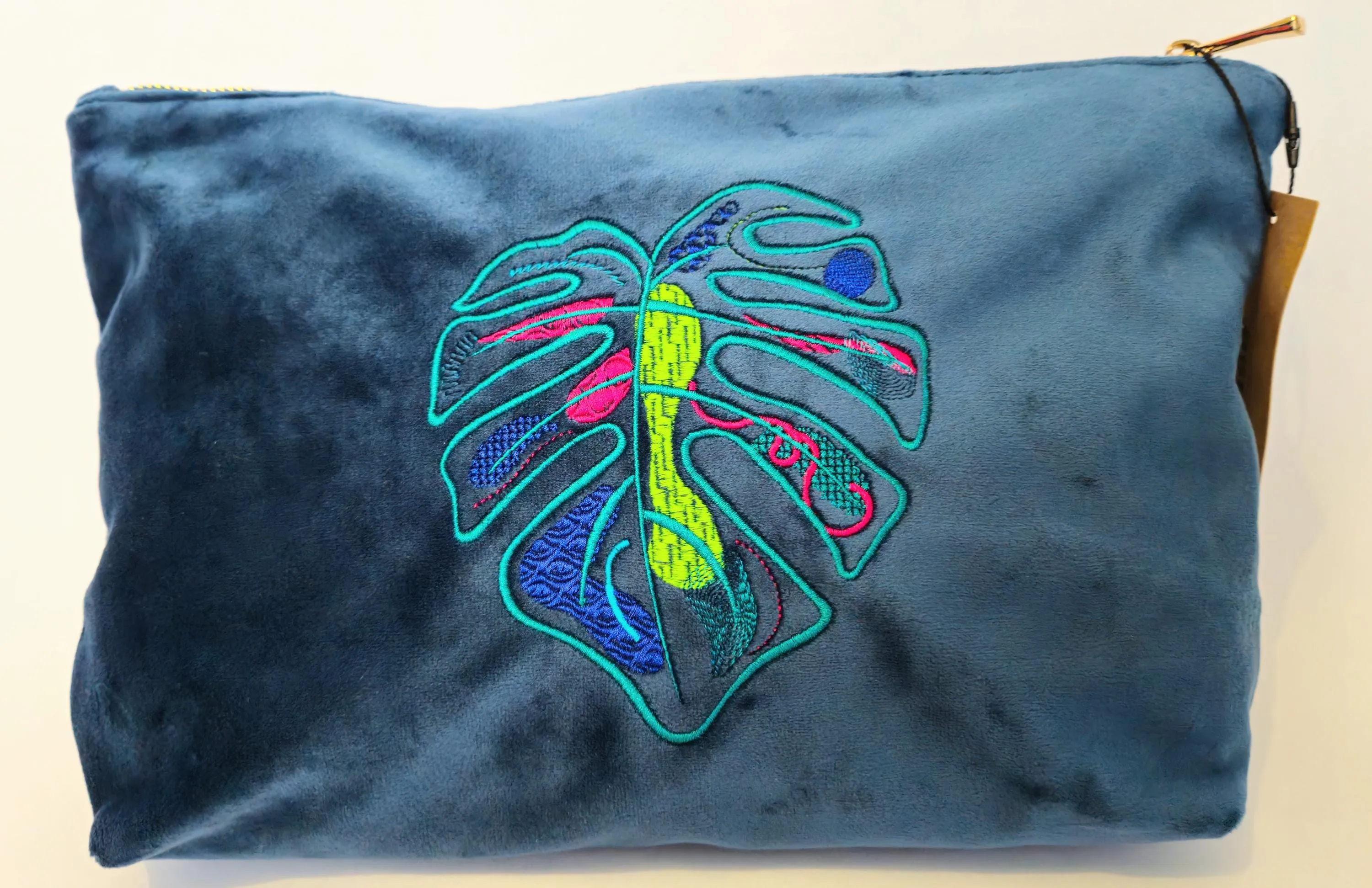 Luxurious Velvet Pouch with Monstera Leaf Embroidery – Sustainable Gift or Travel Accessory in Petrol Blue (Two Sizes)