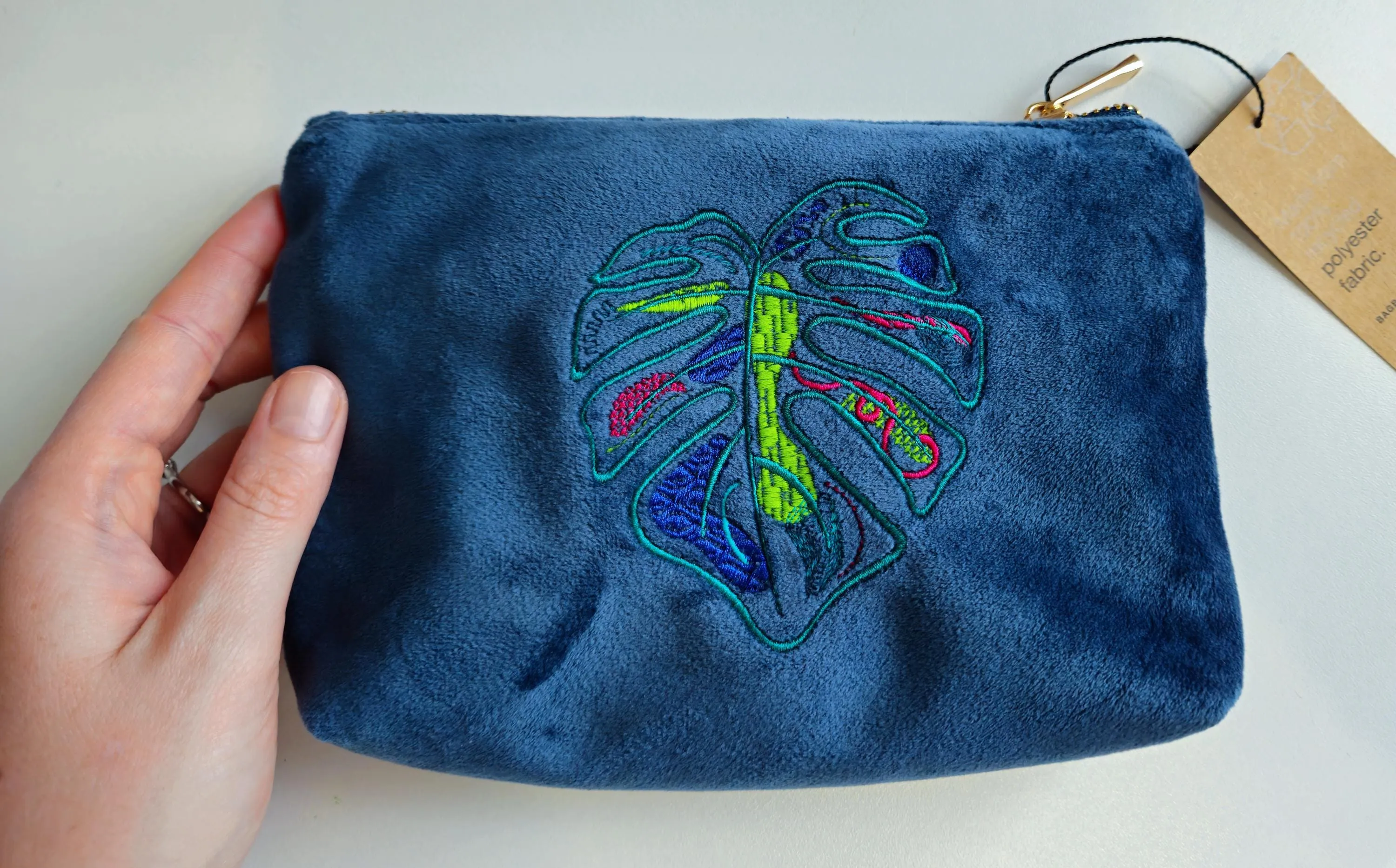 Luxurious Velvet Pouch with Monstera Leaf Embroidery – Sustainable Gift or Travel Accessory in Petrol Blue (Two Sizes)