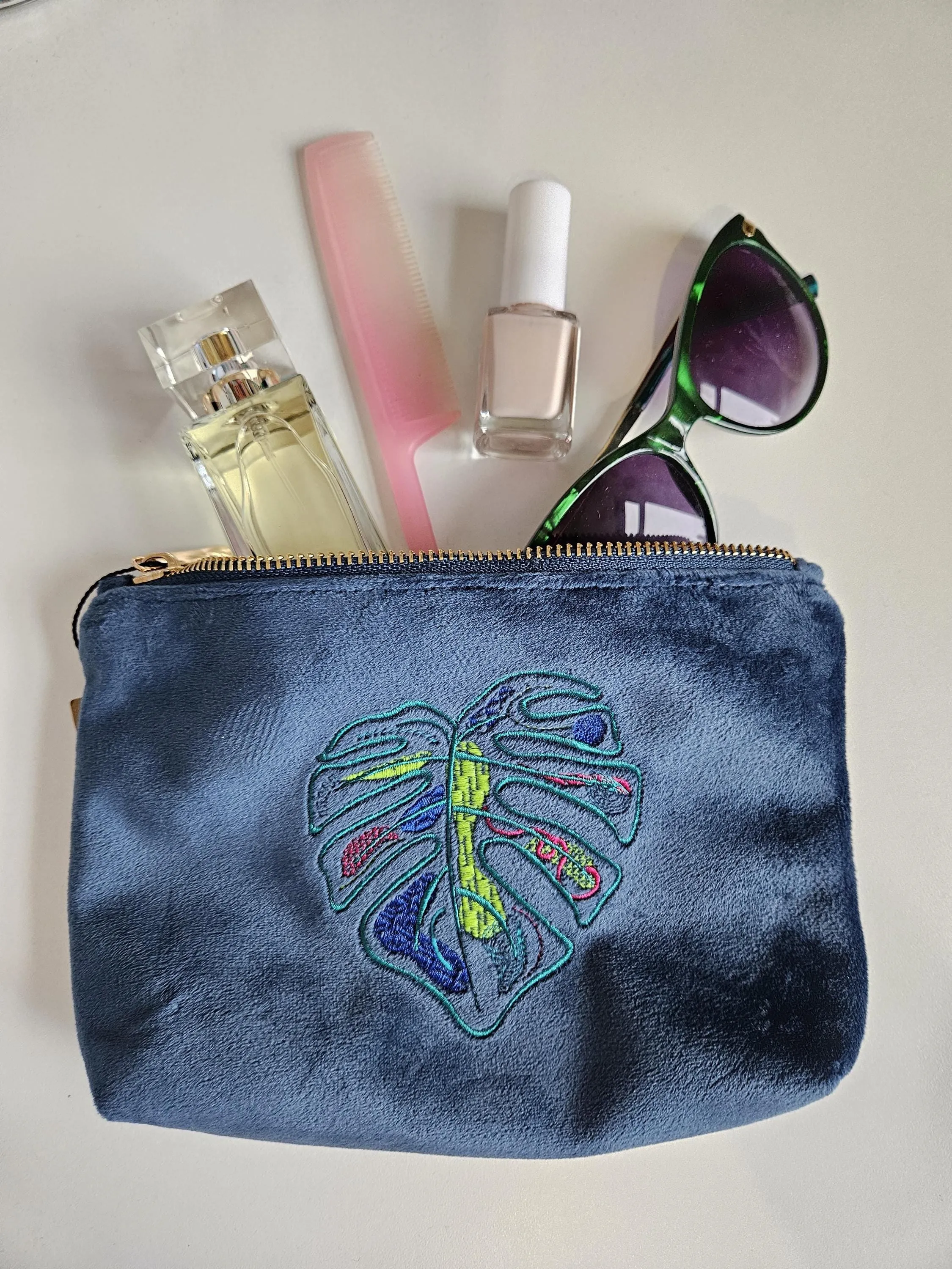 Luxurious Velvet Pouch with Monstera Leaf Embroidery – Sustainable Gift or Travel Accessory in Petrol Blue (Two Sizes)