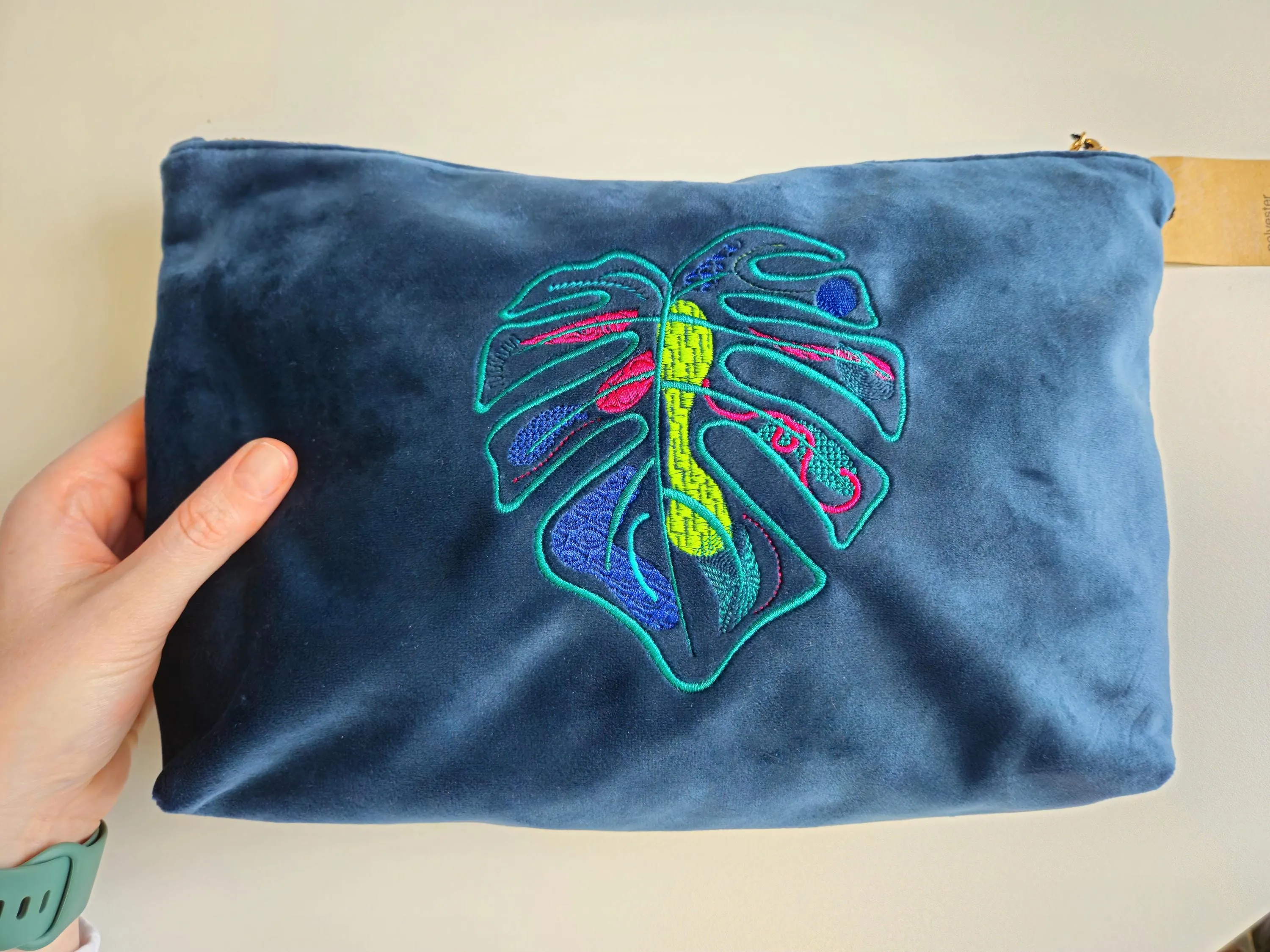 Luxurious Velvet Pouch with Monstera Leaf Embroidery – Sustainable Gift or Travel Accessory in Petrol Blue (Two Sizes)