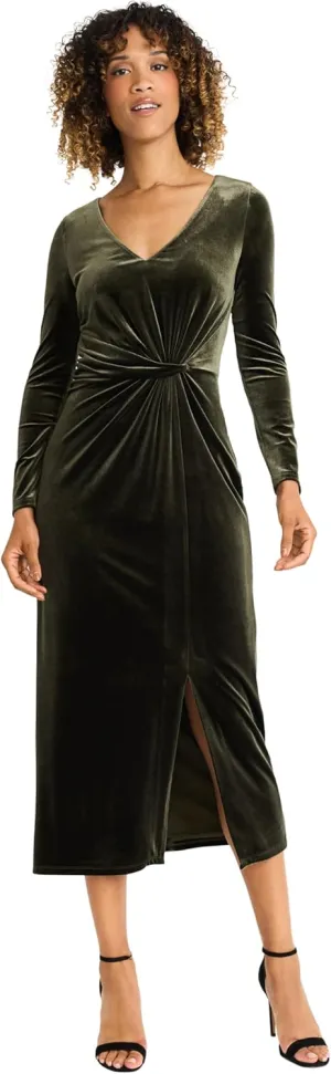 Maggy London Women's V Neck Midi Dress W/Draped Knot at Waist and Slit