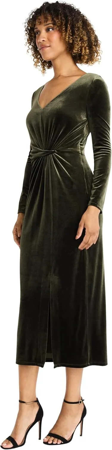 Maggy London Women's V Neck Midi Dress W/Draped Knot at Waist and Slit