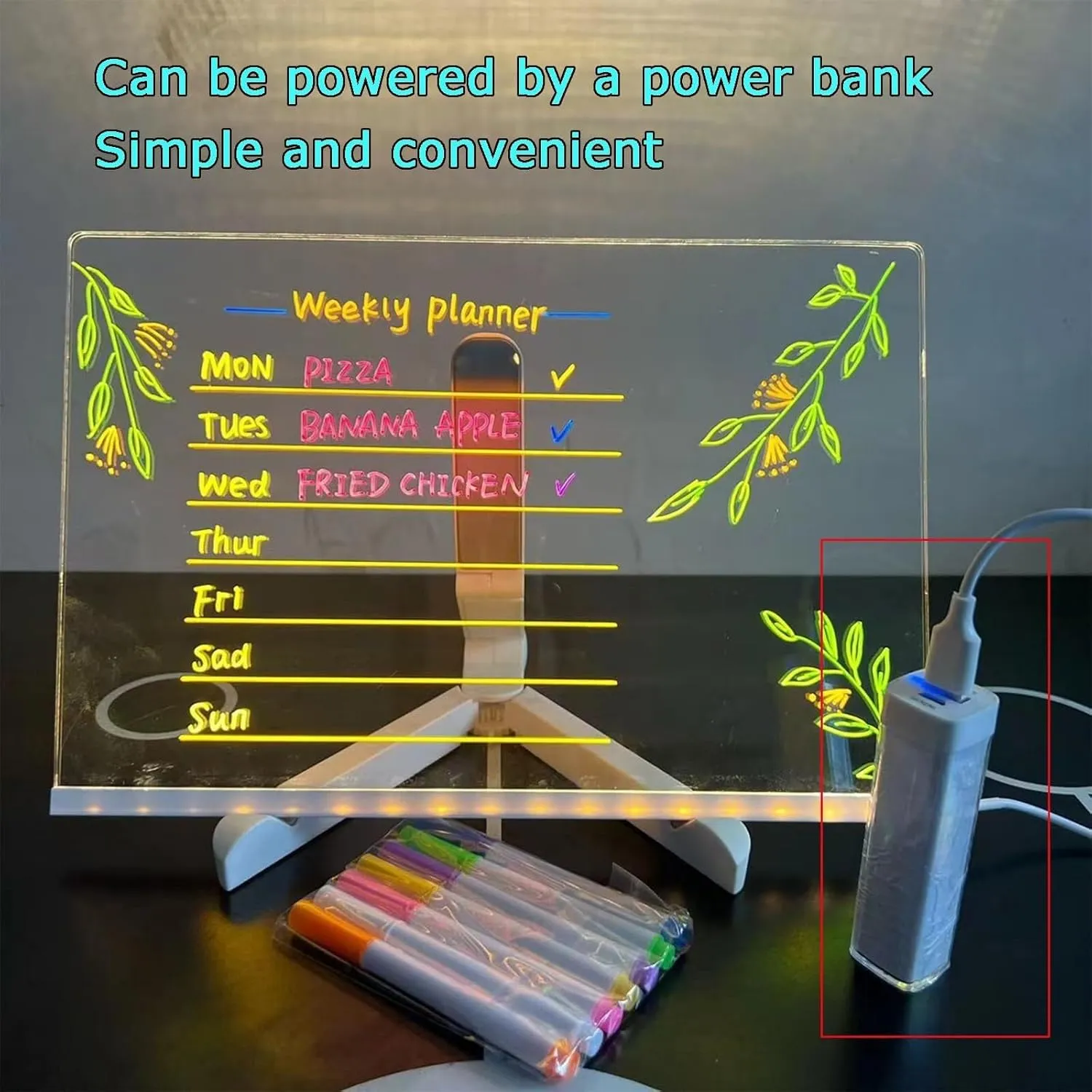 Magic Board, DIY Magic Board Light Up with Adjustable Stand and 7 Colorful Pen, Creative Clear Doodle Glow for Office School and Home Use (5.9 * 5.9in)(11.8 * 7.9in)
