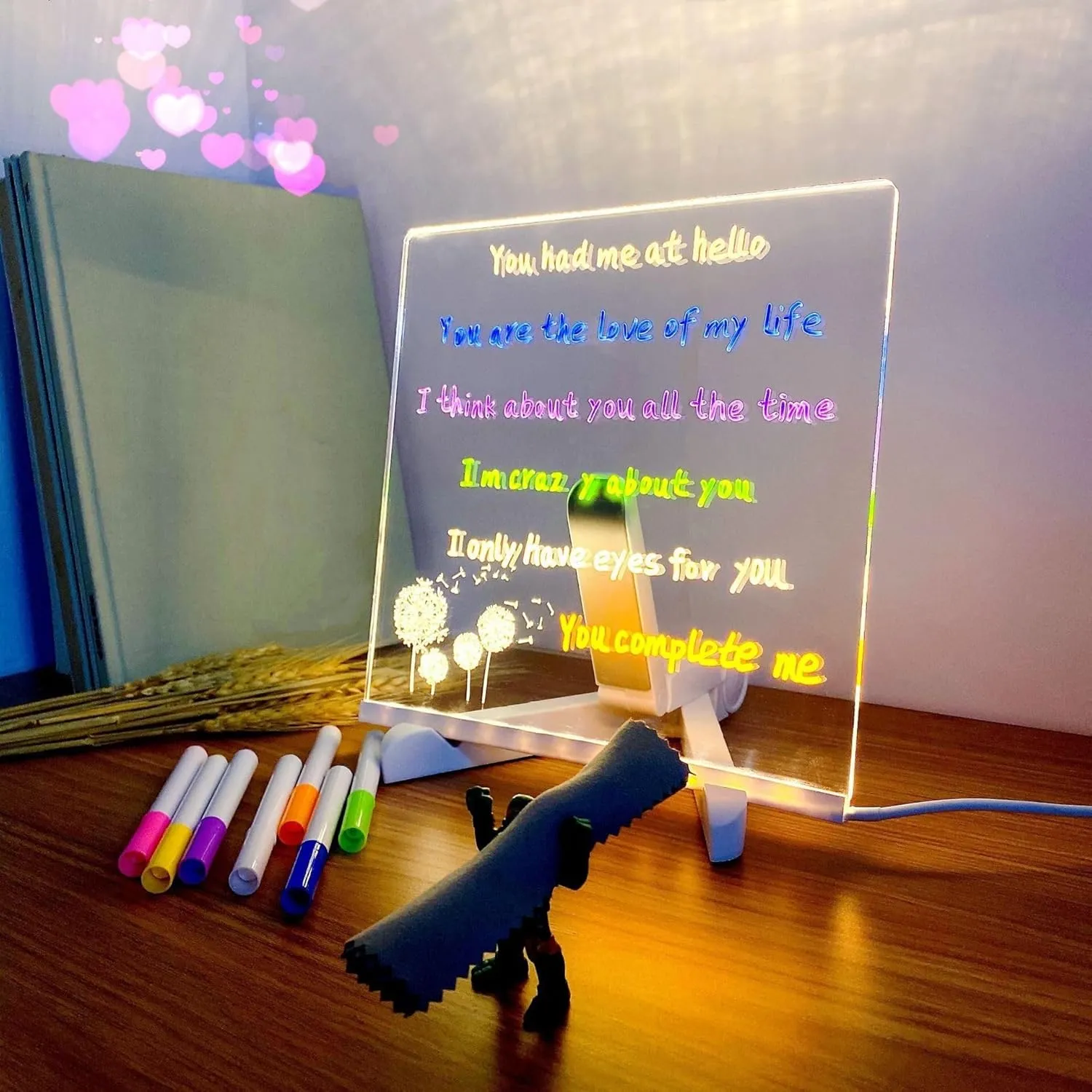 Magic Board, DIY Magic Board Light Up with Adjustable Stand and 7 Colorful Pen, Creative Clear Doodle Glow for Office School and Home Use (5.9 * 5.9in)(11.8 * 7.9in)