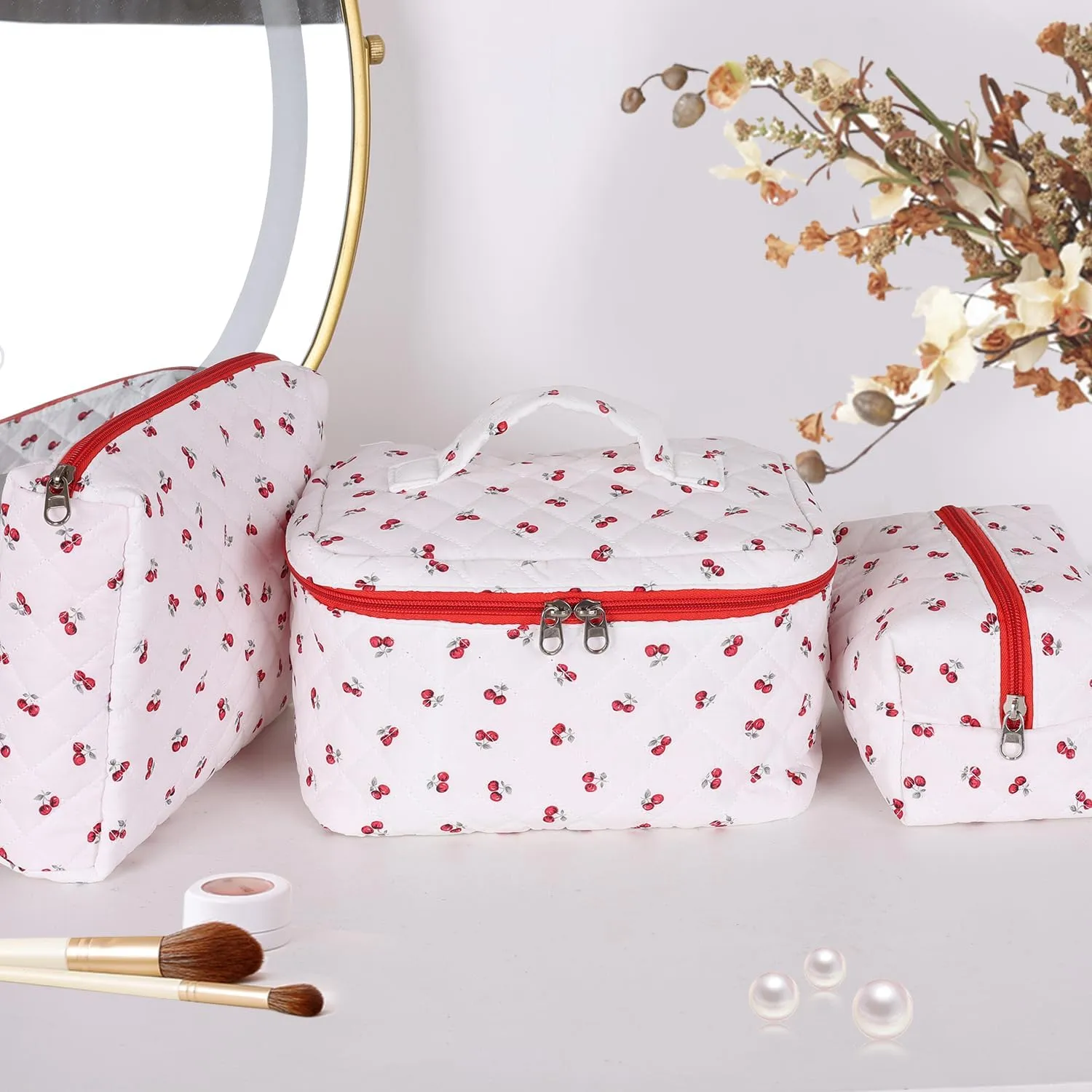 Makeup Bag for Women, Wide-open Easy to Take, Convenient to Carry, Toiletry Cosmetic Skincare, Quilted Travel Pouch Case, Purse Organizer set of 3