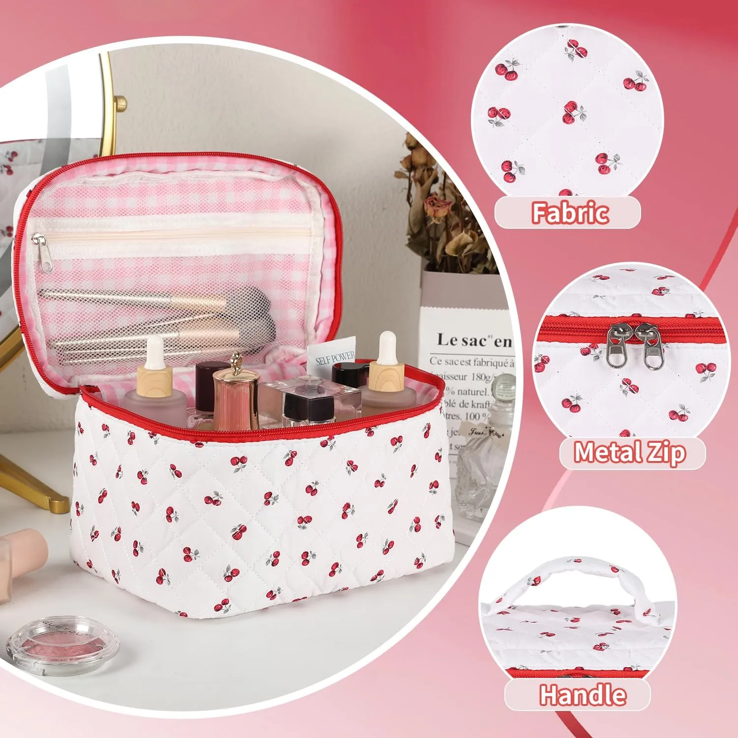 Makeup Bag for Women, Wide-open Easy to Take, Convenient to Carry, Toiletry Cosmetic Skincare, Quilted Travel Pouch Case, Purse Organizer set of 3
