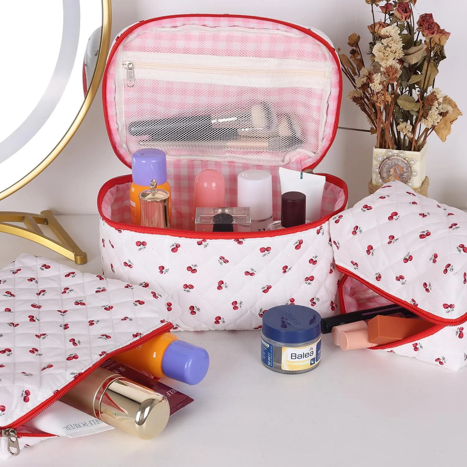 Makeup Bag for Women, Wide-open Easy to Take, Convenient to Carry, Toiletry Cosmetic Skincare, Quilted Travel Pouch Case, Purse Organizer set of 3