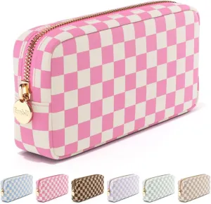 Makeup Bag Travel Cosmetics Pouch and Toiletry Bag, Nylon Zipper Pouch Purse, Cute Make Up Organizer Storage Tote for Women Girls, Travel Skincare Case, Small Makeup Case, Flamingo Checkered