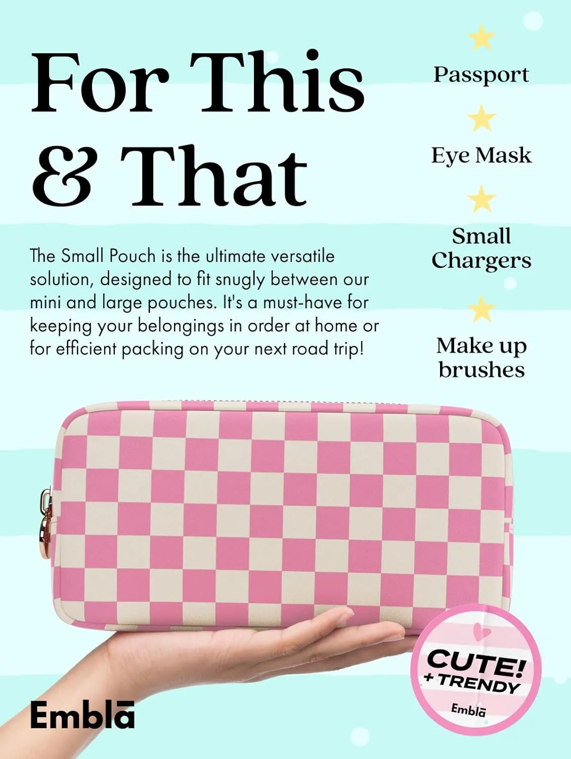 Makeup Bag Travel Cosmetics Pouch and Toiletry Bag, Nylon Zipper Pouch Purse, Cute Make Up Organizer Storage Tote for Women Girls, Travel Skincare Case, Small Makeup Case, Flamingo Checkered