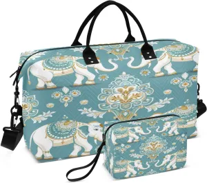 Mandala Elephant Texture Quilted Weekender Travel Bag with Toiletry Bag Gym Tote Handbag Carry On Duffel Bags-2Pack