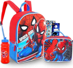 Marvel Spiderman Backpack With Lunch Box ~ 5 Pc Bundle With 15" Spiderman School Bag For Boys, Girls, Kids, Lunch Bag, Stickers, And More (Spiderman School Supplies)
