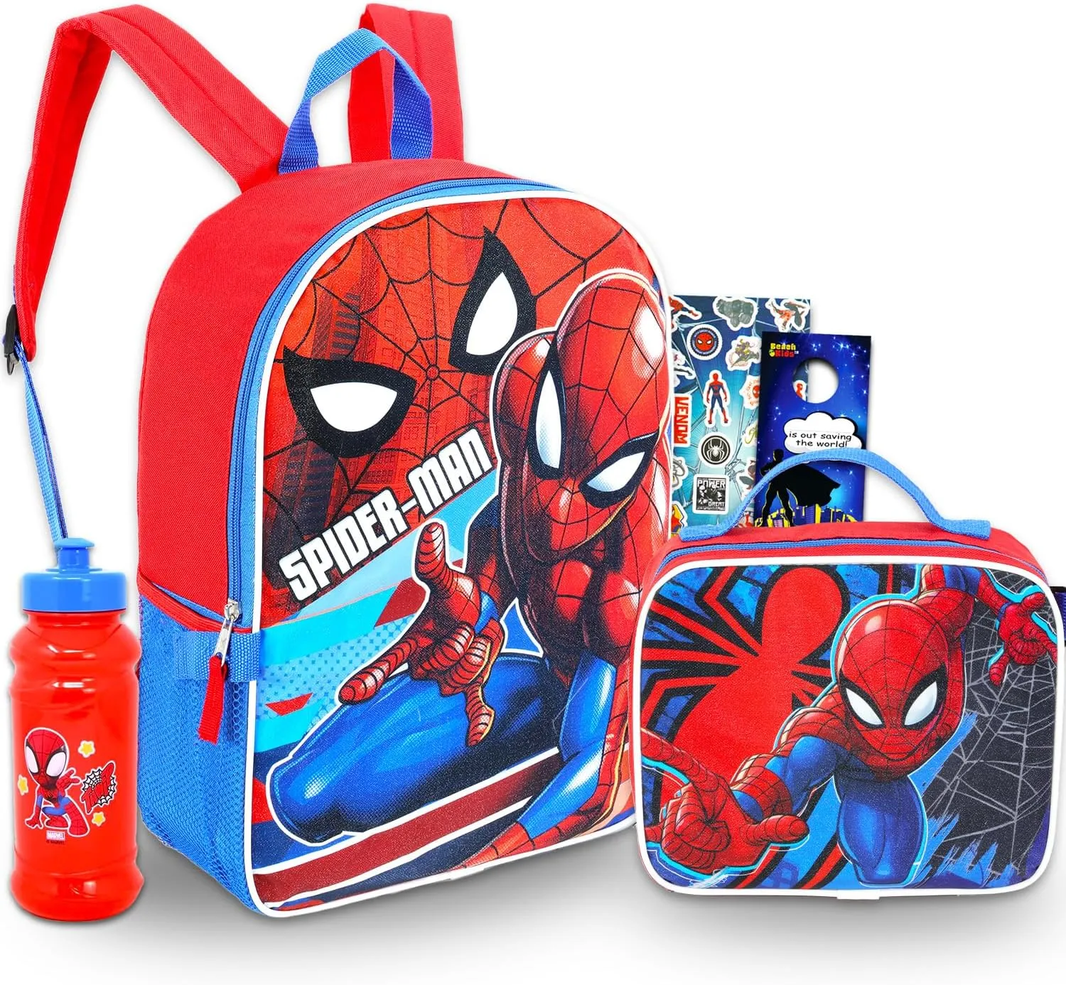 Marvel Spiderman Backpack With Lunch Box ~ 5 Pc Bundle With 15" Spiderman School Bag For Boys, Girls, Kids, Lunch Bag, Stickers, And More (Spiderman School Supplies)