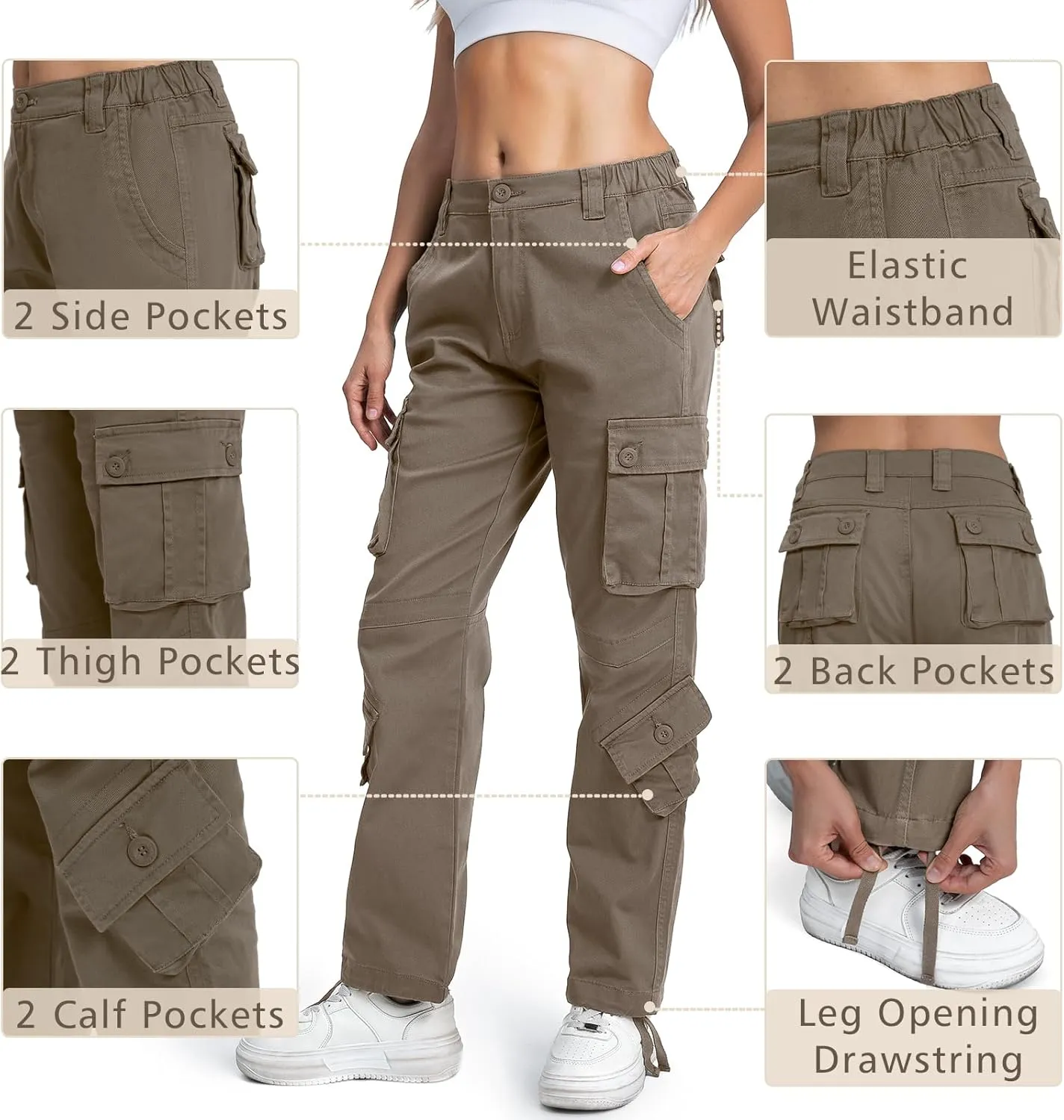 Matchstick Womens Cargo Pants with 8 Pockets Baggy Utility Work Pants for Hiking Travel Outdoor All Season Daily Wear