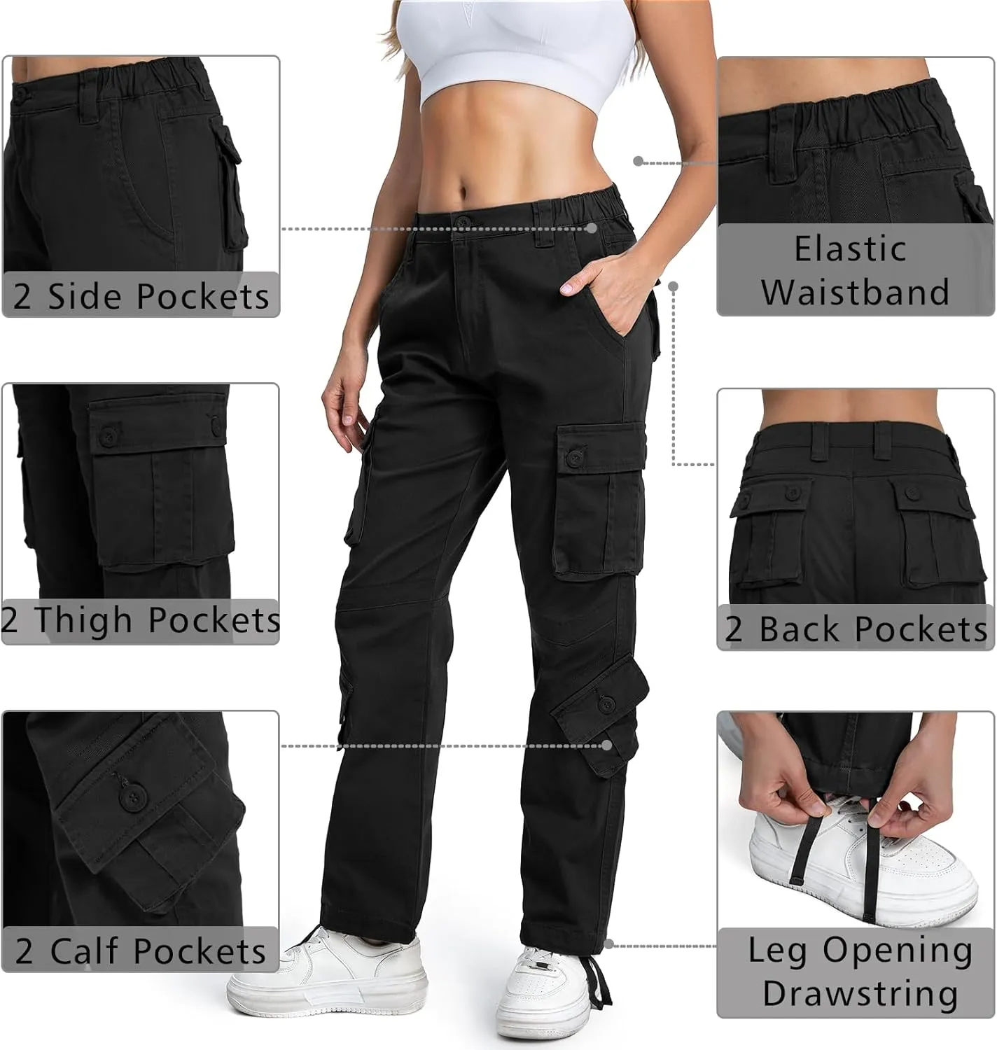 Matchstick Womens Cargo Pants with 8 Pockets Baggy Utility Work Pants for Hiking Travel Outdoor All Season Daily Wear