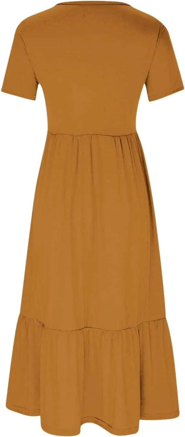 Maxi Dresses for Women 2024 Casual Short Sleeve Solid Ruffle Long Dress Summer Beach Tiered Pleated Party Sundress