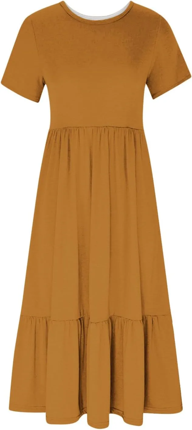 Maxi Dresses for Women 2024 Casual Short Sleeve Solid Ruffle Long Dress Summer Beach Tiered Pleated Party Sundress