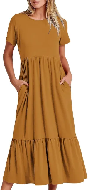 Maxi Dresses for Women 2024 Casual Short Sleeve Solid Ruffle Long Dress Summer Beach Tiered Pleated Party Sundress