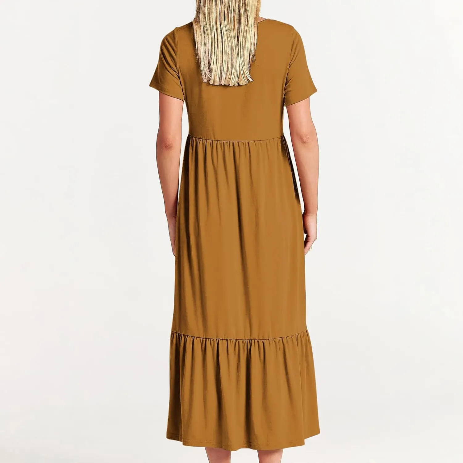 Maxi Dresses for Women 2024 Casual Short Sleeve Solid Ruffle Long Dress Summer Beach Tiered Pleated Party Sundress