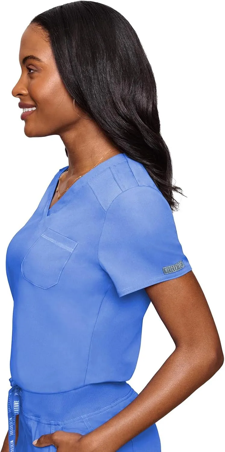 Med Couture Women's V-Neck Scrub Top, Modern Fit Tuck-in Top with Stretchy Rib-Knit Shoulders and Chest Pocket - MC7448