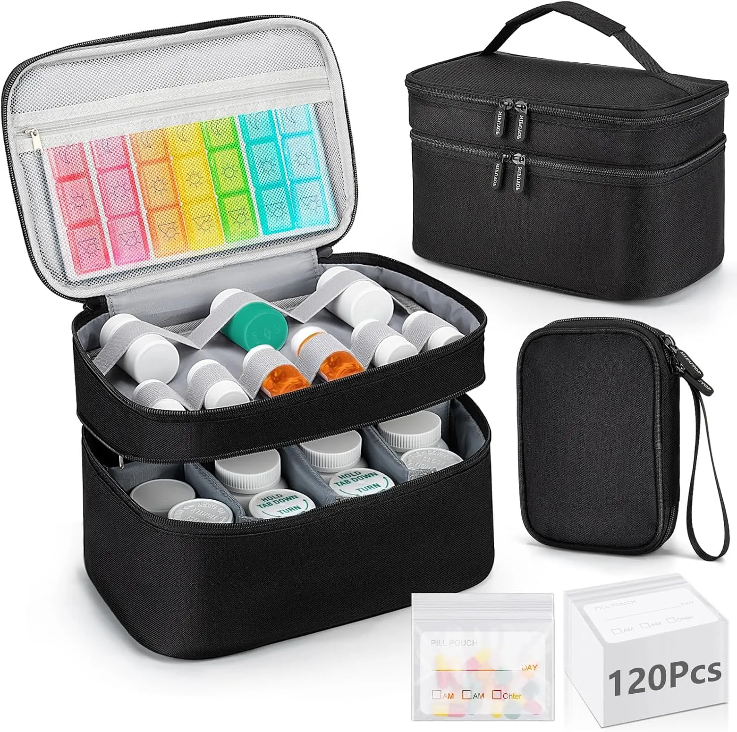 Medicine Organizer Bag, Double Layers Pill Bottle Storage with 120 Pill Pouch Travel Baggies, Portable Medicine Storage Bag for Pills, Vitamins, Medical Supplies for Home Storage, First Aid