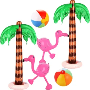 meekoo 6 Pieces Inflatable Palm Trees Jumbo Coconut Trees Pink Flamingos Colorful Beach Balls Rainbow Color Balls for Hawaii Beach Luau Party Backdrop Decoration