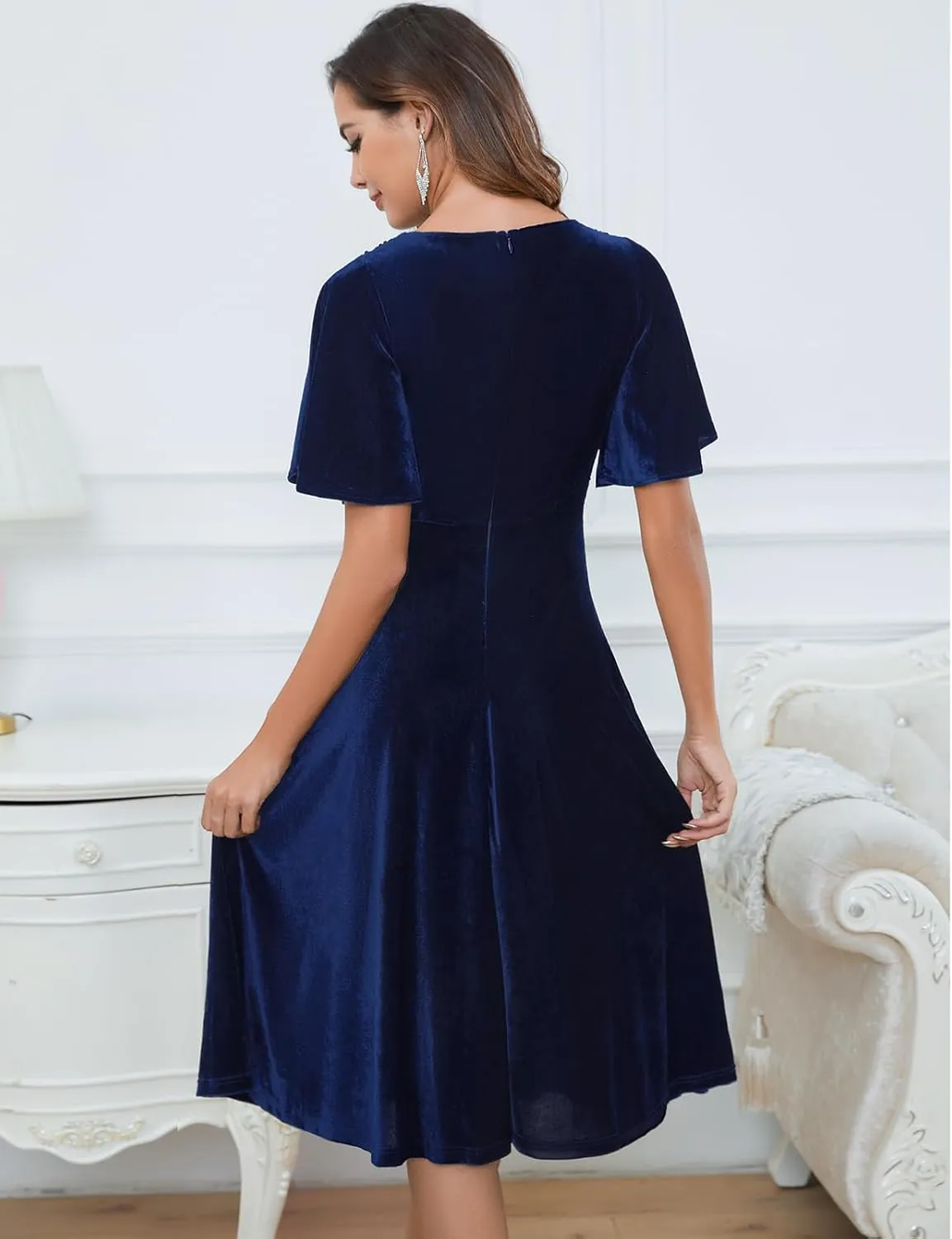 Meetjen Women's Velvet Dresses Crew Neck Fall Wedding Guest Elegant Short Sleeve Midi Sequin Cocktail Party Dress