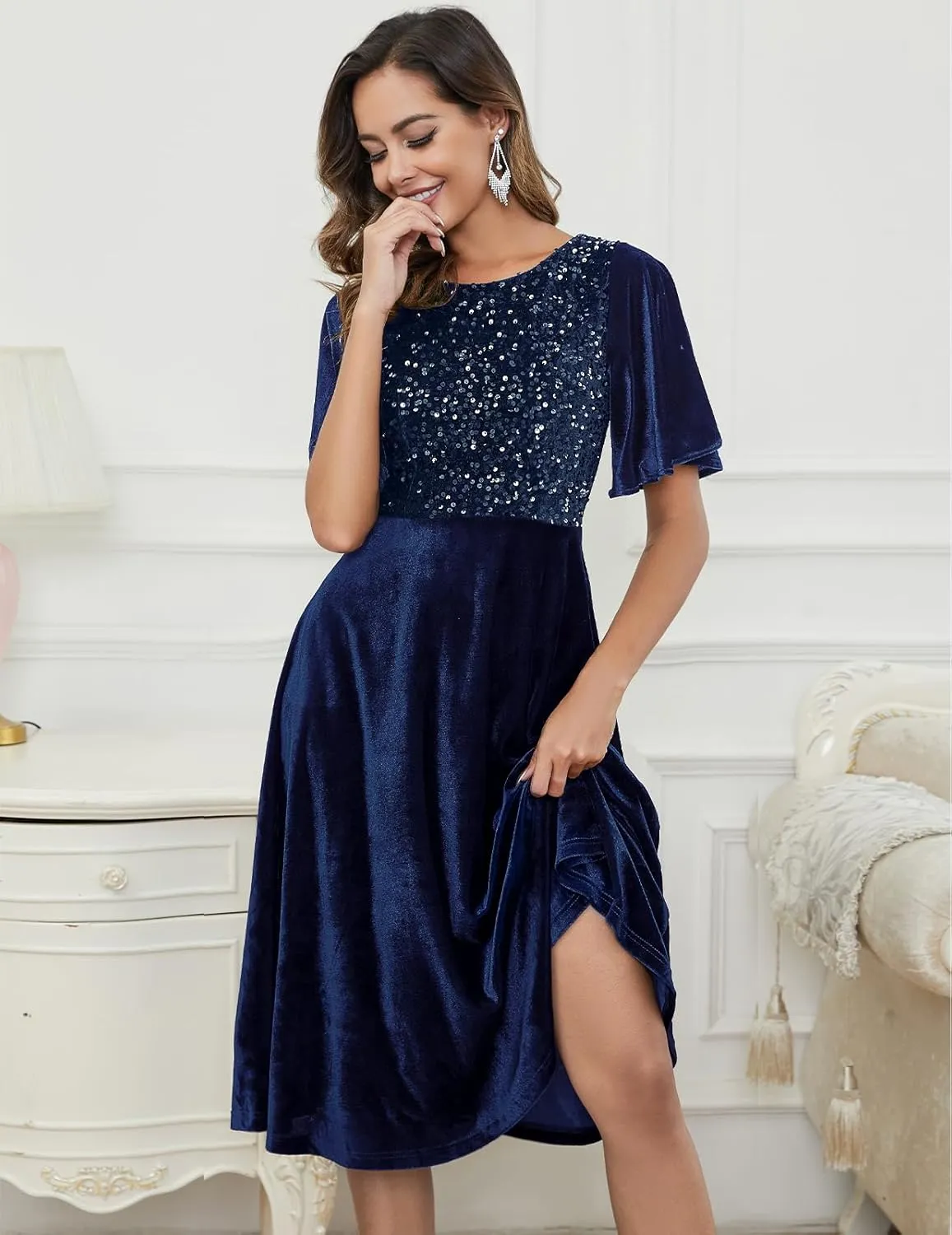Meetjen Women's Velvet Dresses Crew Neck Fall Wedding Guest Elegant Short Sleeve Midi Sequin Cocktail Party Dress