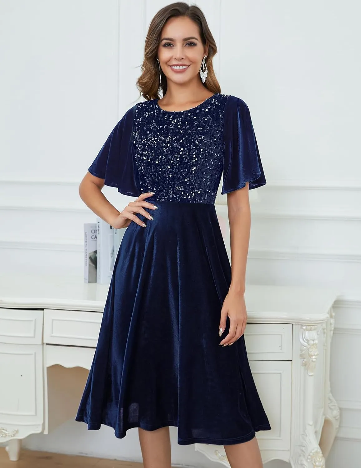 Meetjen Women's Velvet Dresses Crew Neck Fall Wedding Guest Elegant Short Sleeve Midi Sequin Cocktail Party Dress
